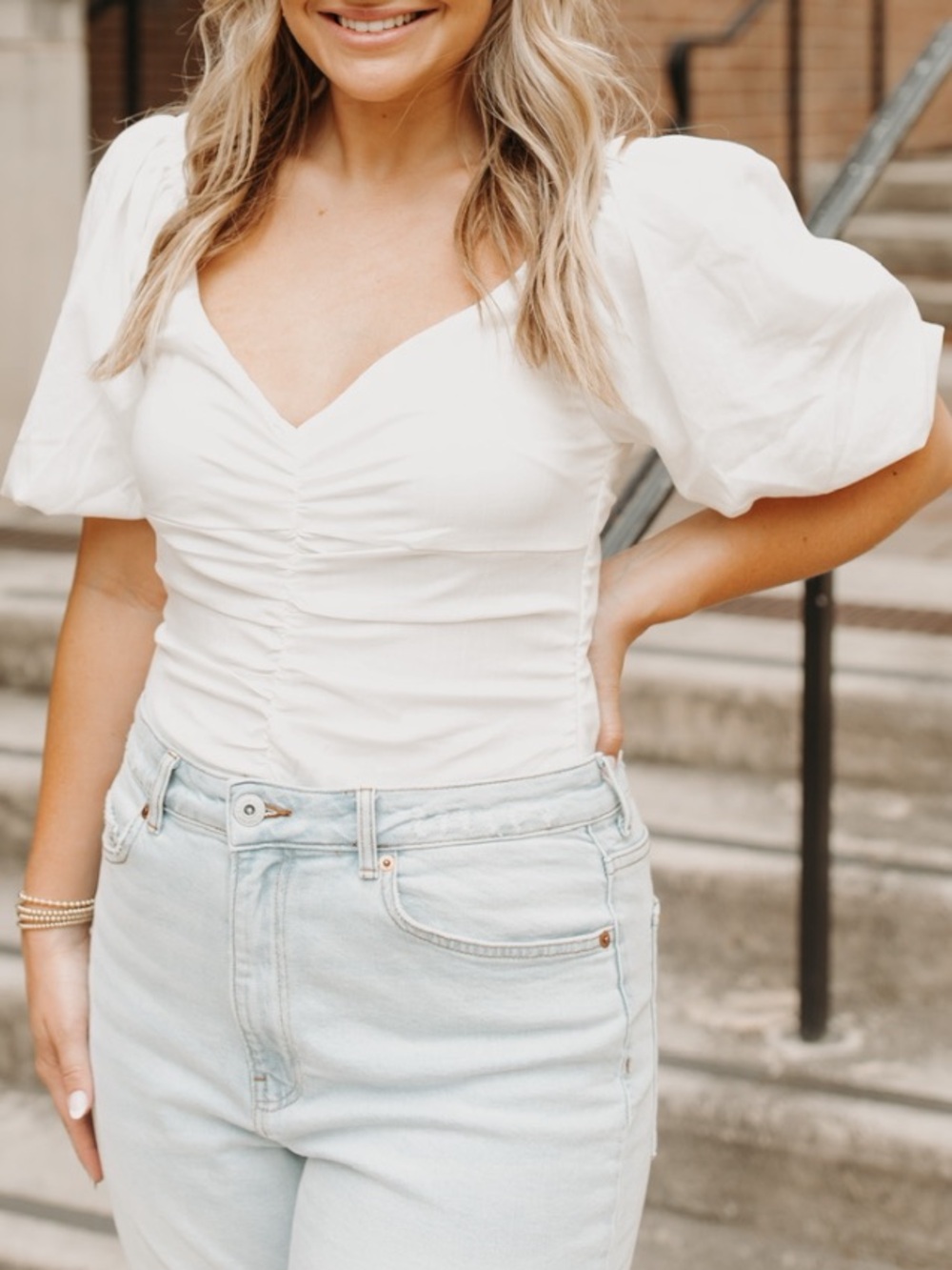 Lulu’s White Puff Sleeve Ruched V-Neck Bodysuit